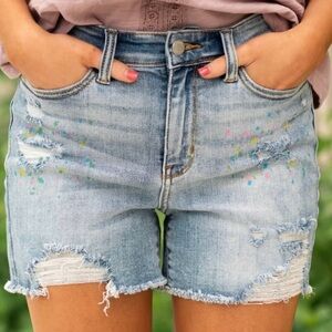 Judy Blue Destroyed Rainbow Paint Splash Shorts